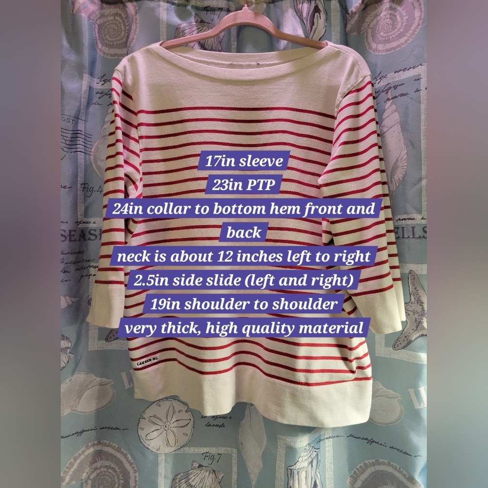 Ralph Lauren 1X Red & White Striped Scoop Neck Shirt • Cotton 3/4 Sleeve Top